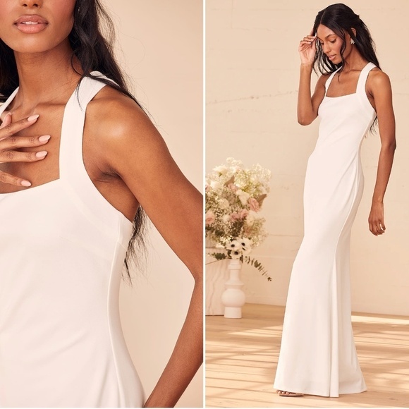 LULUS Bridal Wedding Chic Minimalist Sexy Mermaid Trumpet Criss Cross Back Gown - Picture 4 of 4